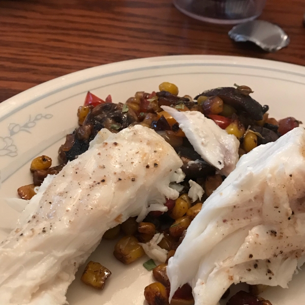 Grilled Halibut Steaks with Corn and Chanterelles