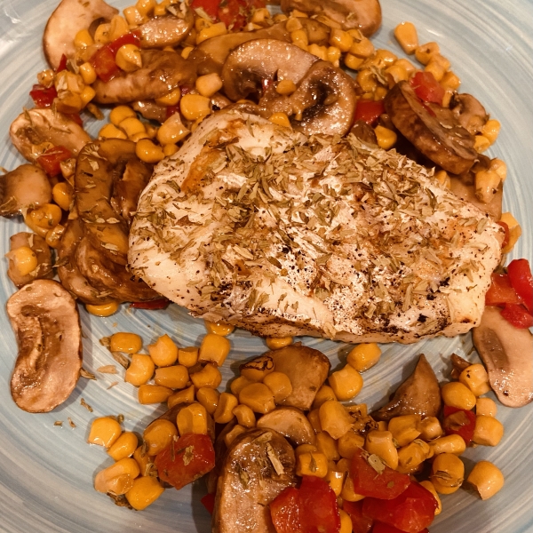 Grilled Halibut Steaks with Corn and Chanterelles