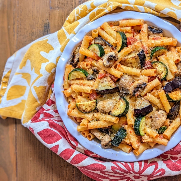 Eggplant Zucchini Pasta Bake with Mushrooms