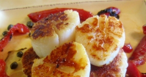 Red Pepper Scallops on Potato Pancakes