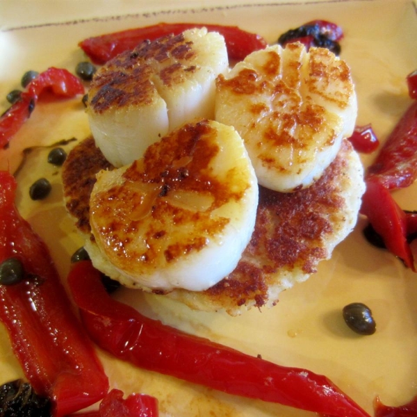 Red Pepper Scallops on Potato Pancakes