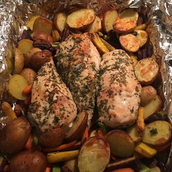 Broiled Chicken Breasts with Herbs, Carrots, and Red Potatoes