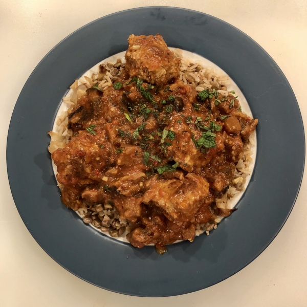 Little Lamb Meatballs in a Spicy Eggplant Tomato Sauce