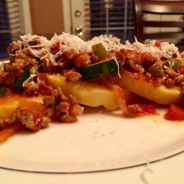 Polenta with Spicy Sausage-Veggie Sauce