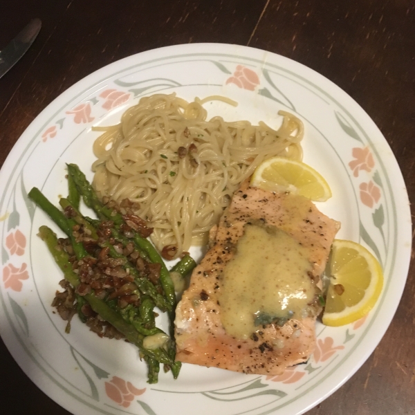 Salmon With Dijon Butter Sauce, Asparagus and Herb Butter Angel Hair Pasta