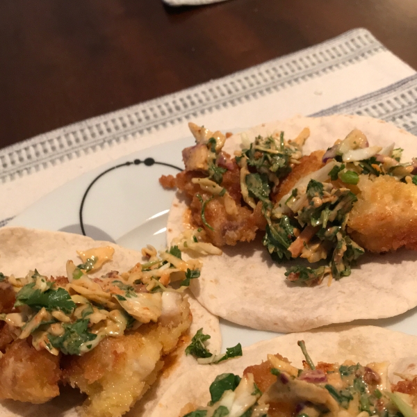 Fish Tacos with Honey-Cumin Cilantro Slaw and Chipotle Mayo