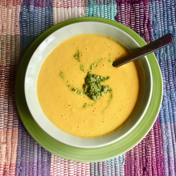 Vegan Sweet Potato Soup with Kale Pesto