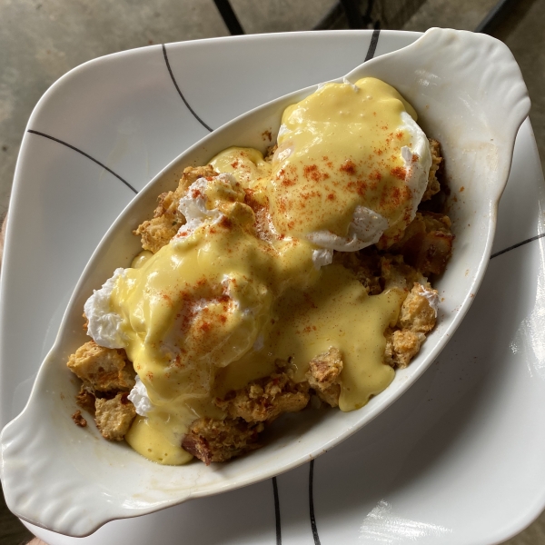 Savory Bacon and Crab Bread Pudding Eggs Benedict