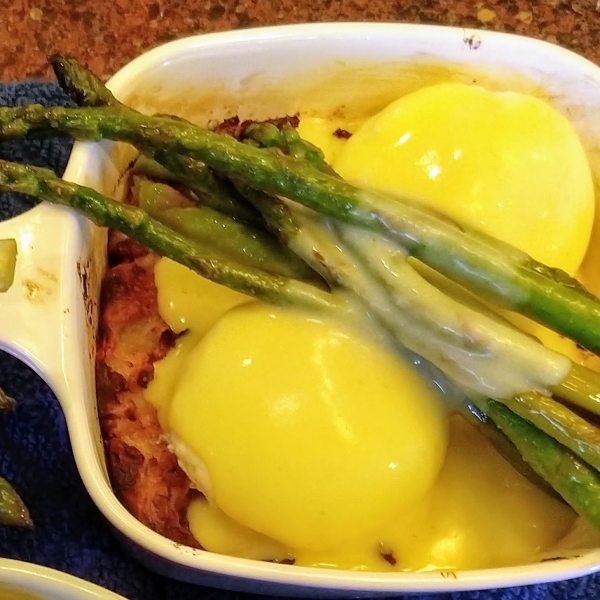 Savory Bacon and Crab Bread Pudding Eggs Benedict