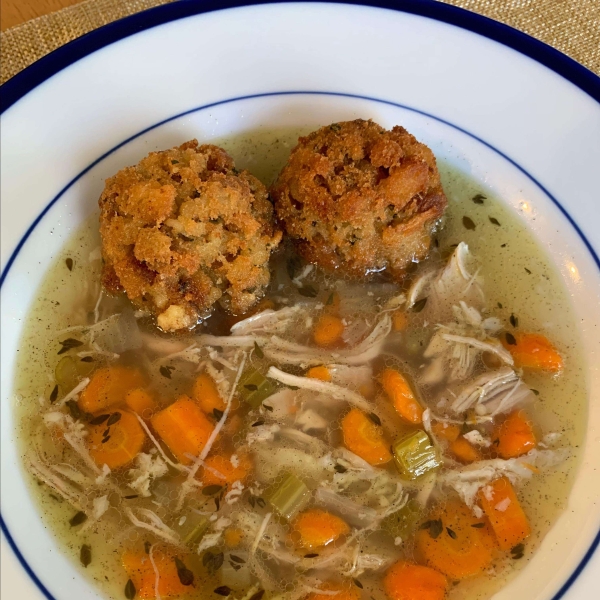 Delicious Turkey Soup with Deep-Fried Stuffing Balls