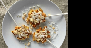 Mini Waffle Pops with White Chocolate, Coconut, and Candied Ginger