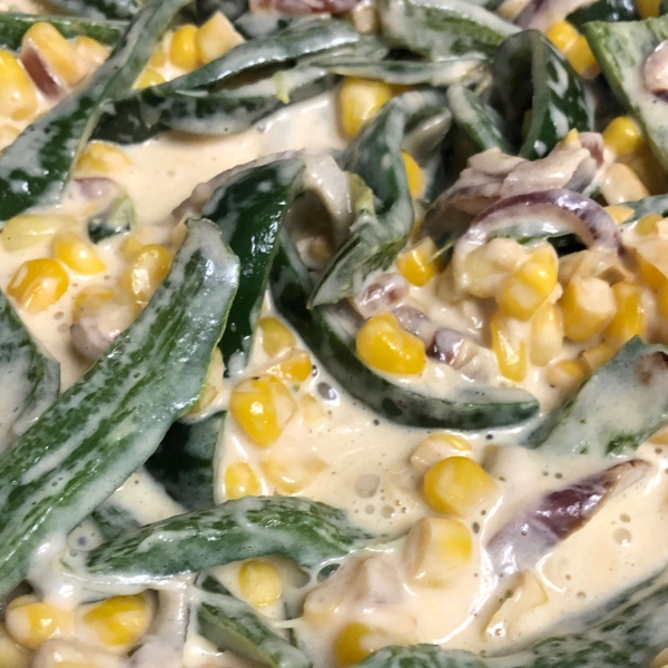 Rajas con Crema, Elote, y Queso (Creamy Poblano Peppers and Sweet Corn)