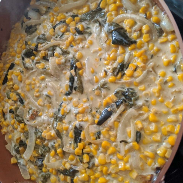 Rajas con Crema, Elote, y Queso (Creamy Poblano Peppers and Sweet Corn)