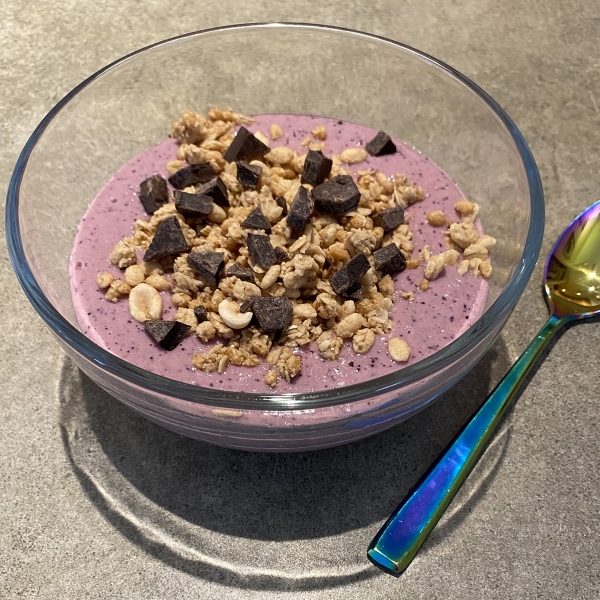 Protein Smoothie Bowl with Berries, Chocolate Chips, and Granola