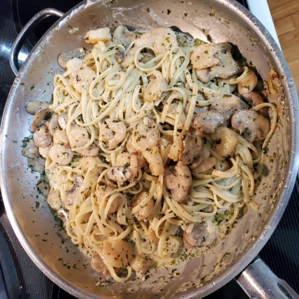 Shrimp and Mushroom Linguini with Creamy Cheese Herb Sauce