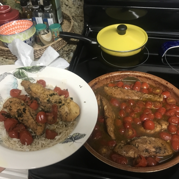 Chicken with Grape Tomatoes and Fried Basil