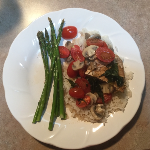 Chicken with Grape Tomatoes and Fried Basil