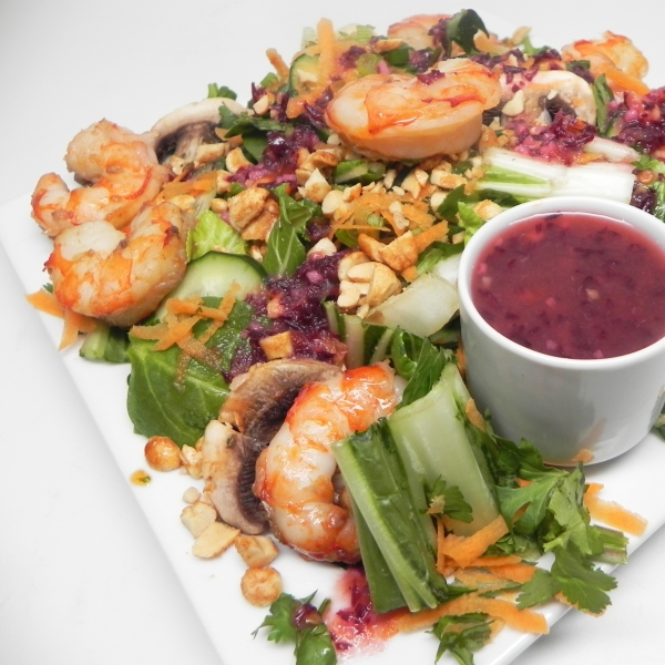 Grilled Shrimp, Pea Shoot, and Bok Choy Salad with Asian Reduced Fat Dressing