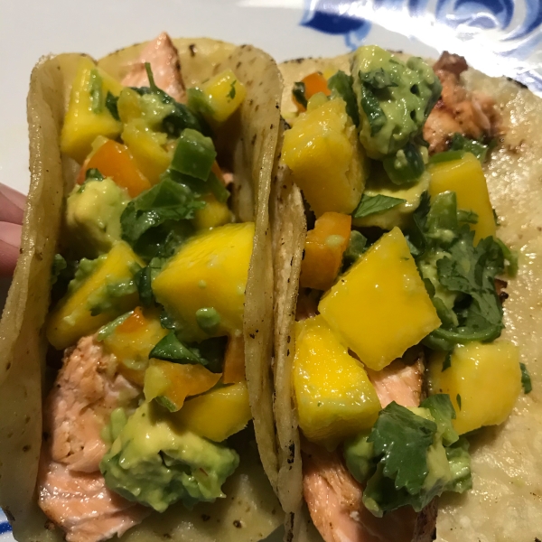 Blackened Salmon Tacos with Chunky Mango Avocado Salsa