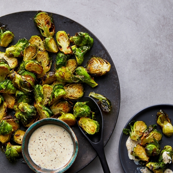 Air Fryer Roasted Brussels Sprouts with Maple-Mustard Mayo