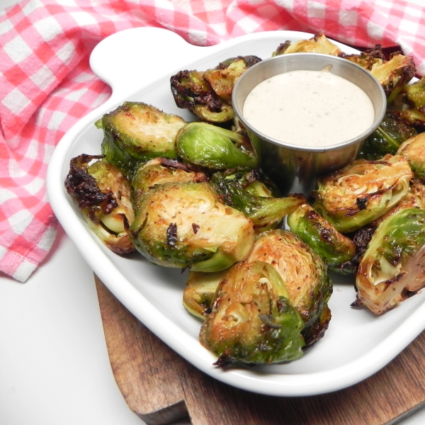 Air Fryer Roasted Brussels Sprouts with Maple-Mustard Mayo