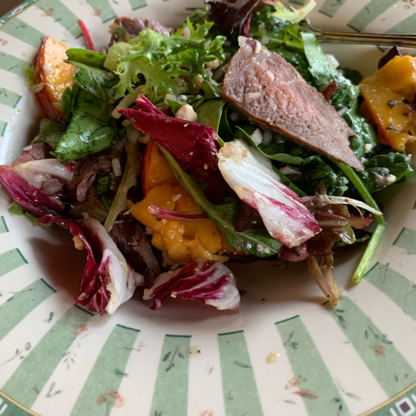 Seared Steak and Charred Nectarine Salad with Feta, Pecans, and Basil