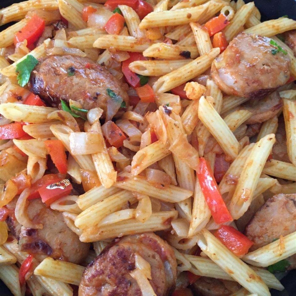 Penne, Peppers, and Chicken-Apple Sausage Saute