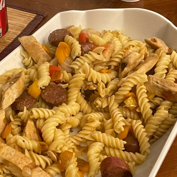 Penne, Peppers, and Chicken-Apple Sausage Saute