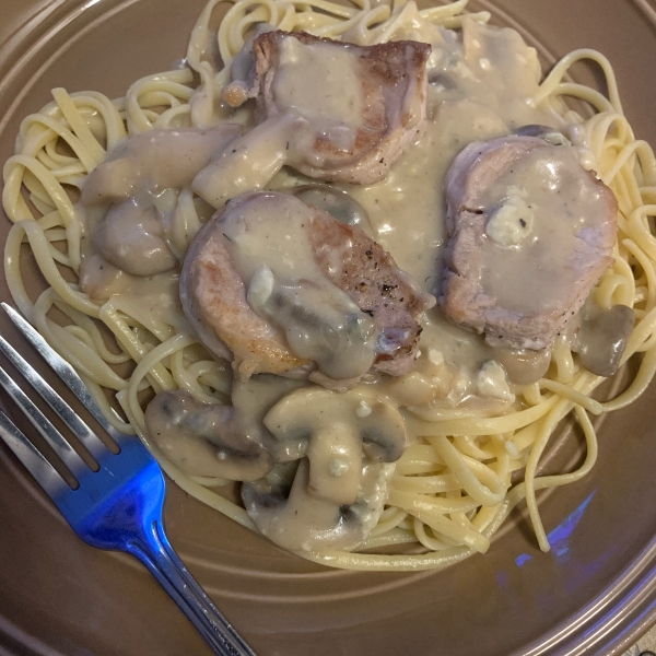 Pork with Linguine and Blue Cheese Mushroom Sauce