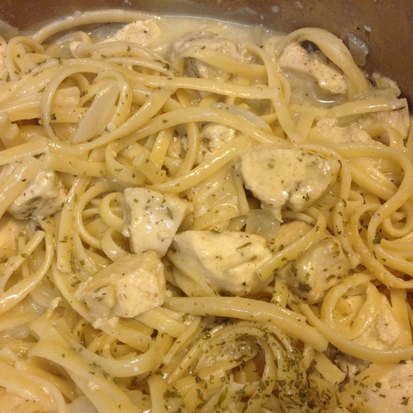 Chicken and Onions Over Linguini