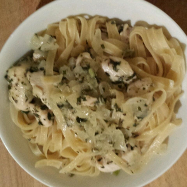 Chicken and Onions Over Linguini