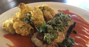 Grilled Mahi Mahi with Roasted Pepper Sauce and Cilantro Pesto