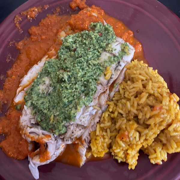 Grilled Mahi Mahi with Roasted Pepper Sauce and Cilantro Pesto