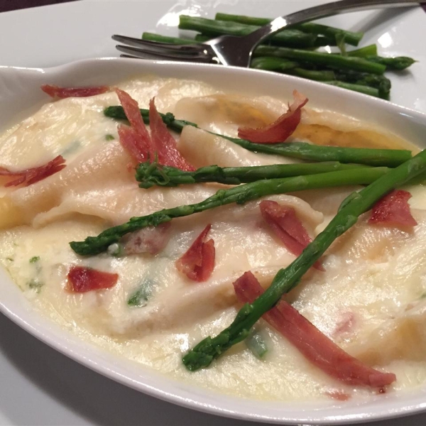 Jumbo Shells with Asparagus, Prosciutto, Ricotta Cheese and Three Cheese Sauce