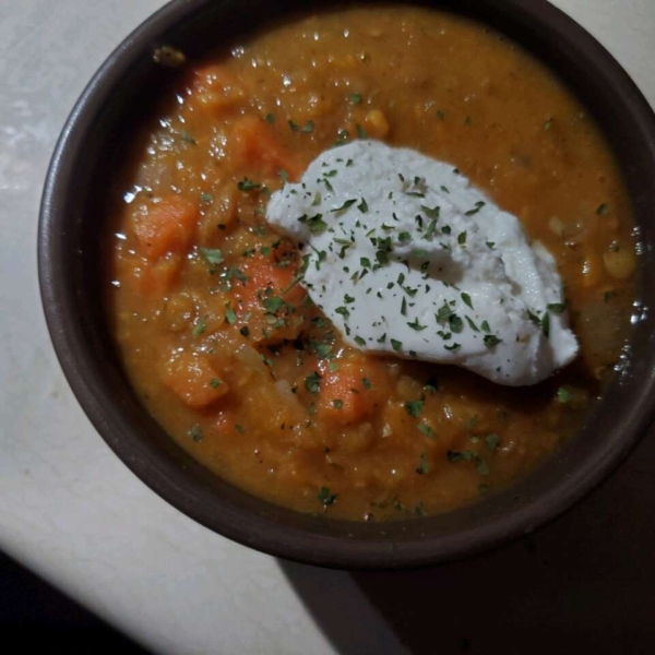 Sweet Potato, Carrot, Apple, and Red Lentil Soup