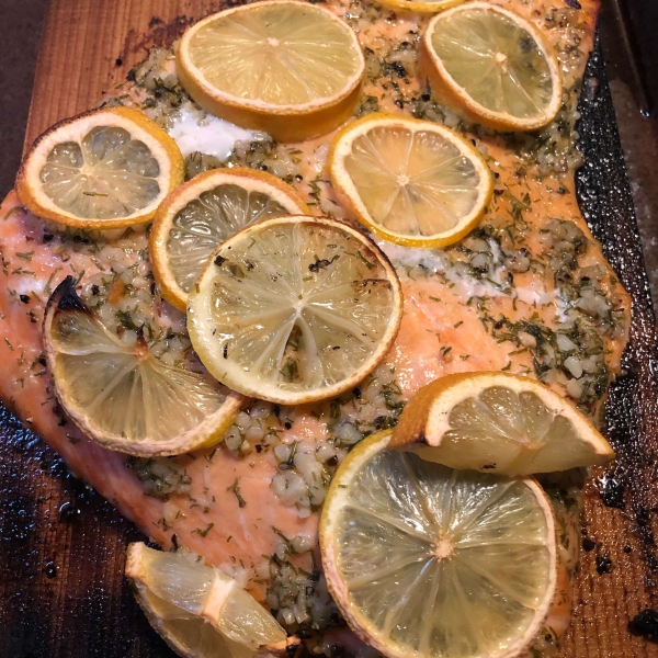 Cedar Plank-Grilled Salmon with Garlic, Lemon and Dill