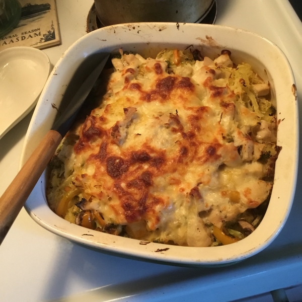 Pesto Chicken Spaghetti Squash Bake