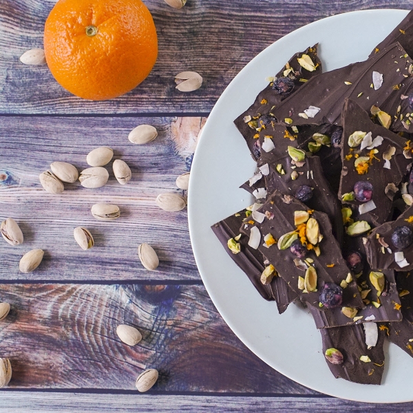 Blueberry, Coconut, and Pistachio Chocolate Bark