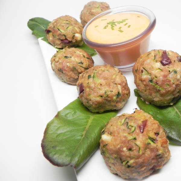 Turkey Zucchini Meatballs with Roasted Pepper Dipping Sauce