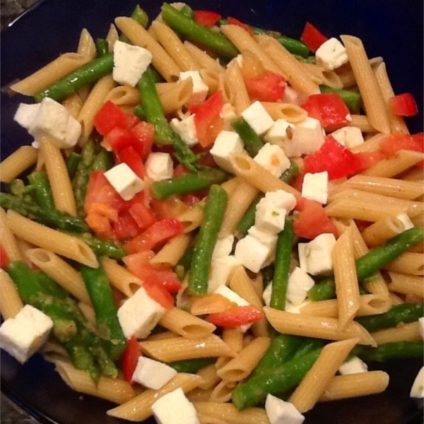 Lemon, Garlic, and Asparagus Warm Caprese Pasta Salad