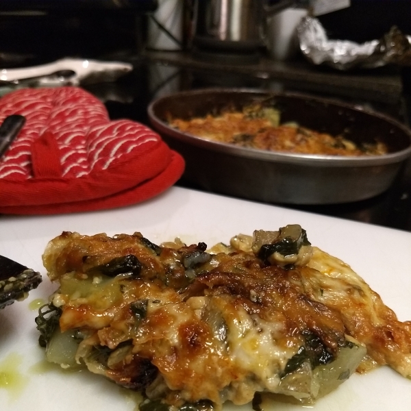 Spinach, Caramelized Onion, and Muenster Au Gratin Potatoes