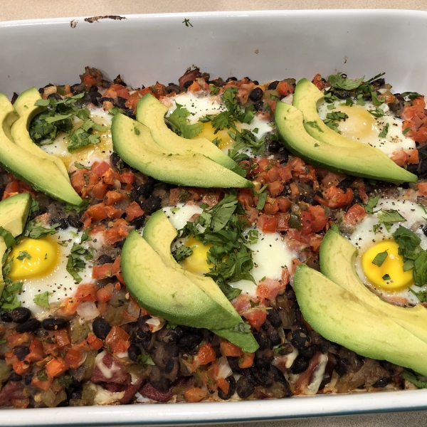Huevos Rancheros Brunch Casserole with Ham and Cheese