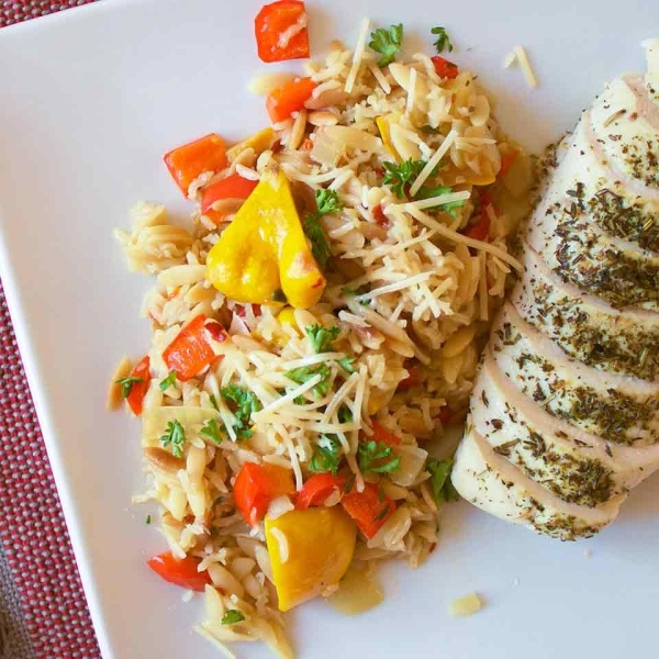 Orzo-Rice Pilaf with Patty Pan Squash and Bell Pepper