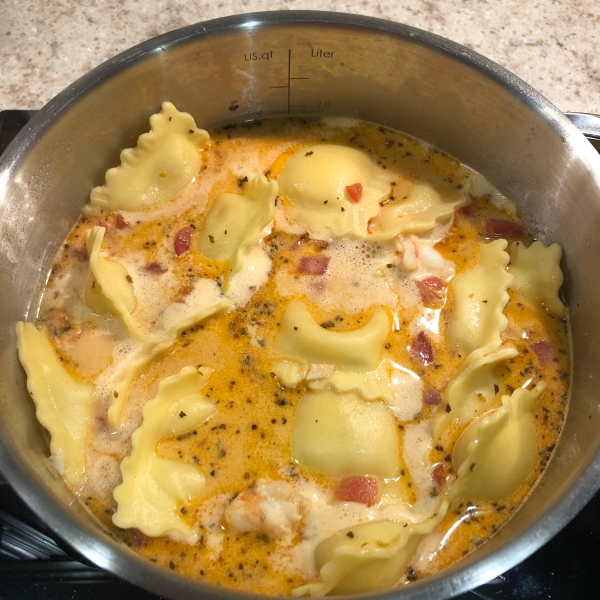 Lobster Ravioli in Tomato Cream Sauce with Shrimp