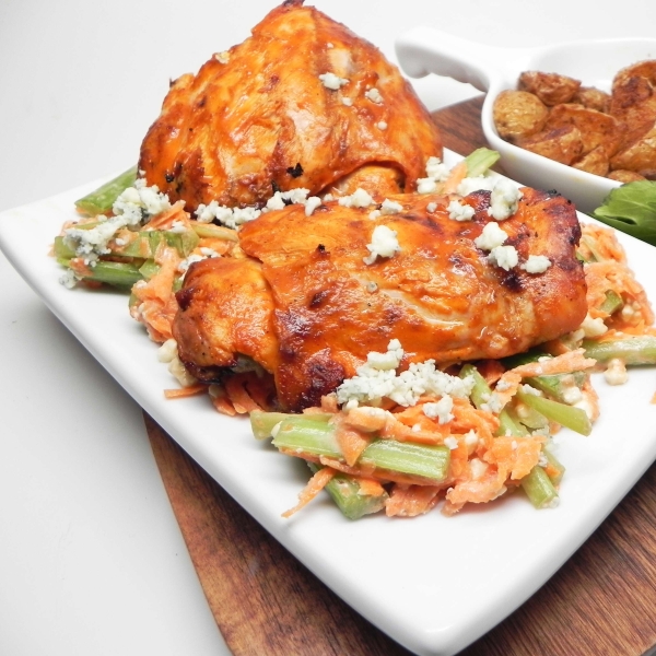 Grilled Buffalo Chicken Thighs with Blue Cheese Slaw