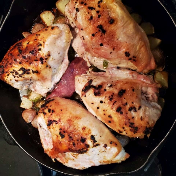 Pan-Roasted Chicken with Lemon-Garlic Brussels Sprouts and Potatoes