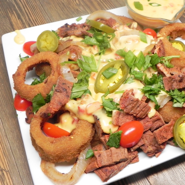 Cheesy Steak and Onion Ring Nachos