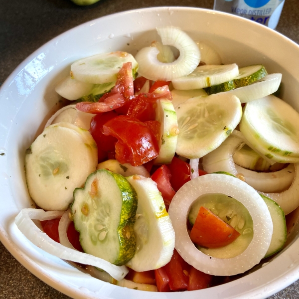 Floating Cucumber, Tomato, and Onion Salad