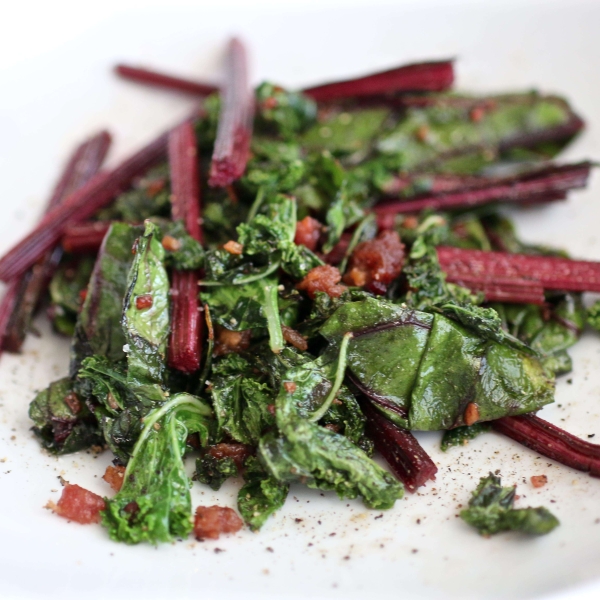 Beet Greens and Kale Sauteed with Bacon and Garlic