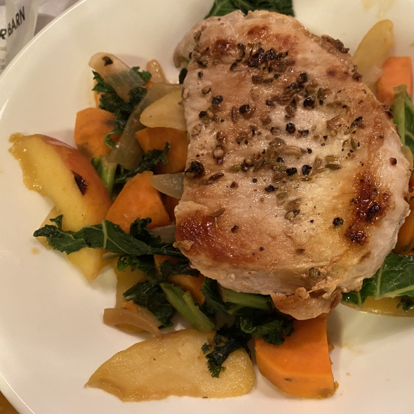 Fennel-Rubbed Pork Chops with Apple, Kale, and Sweet Potato